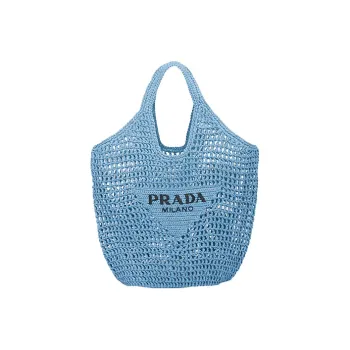 PRADA Raffia Fiber Tote Bag Shopping Bag Shoulder Bags Women's Sky Blue