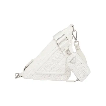 PRADA Triangle Straw Woven With Wicker Woven And Raffia Fiber Shoulder Bag Crossbody Bag Women's White