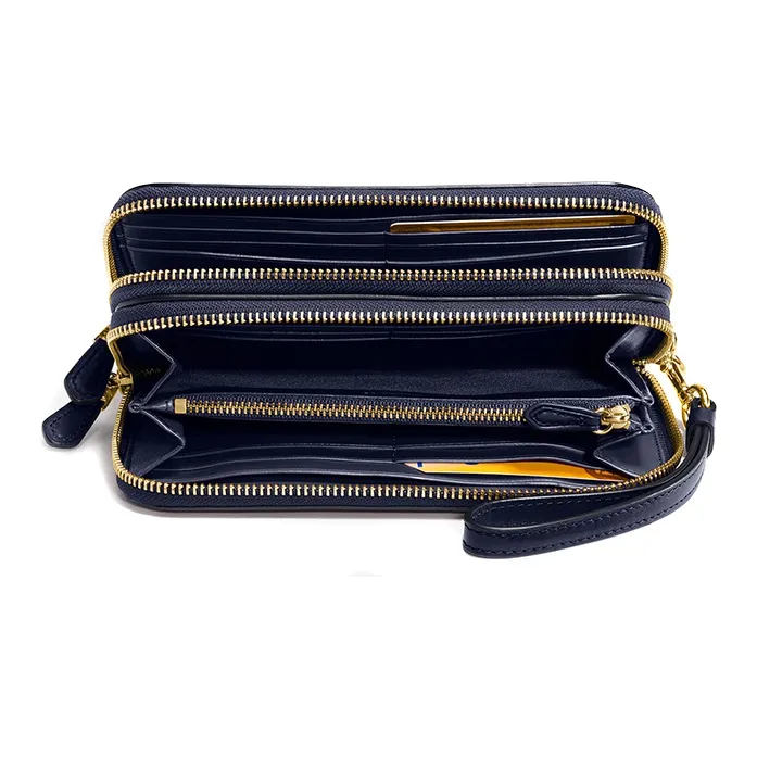 COACH Accordion Zip Cow Leather Wallet Women's Navy Blue-1
