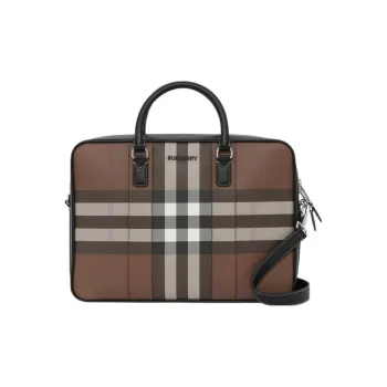 Burberry Plaid Patchwork Leather Briefcase Shoulder Bag Crossbody Bag Handbag Regular Men's Dark Birch Brown