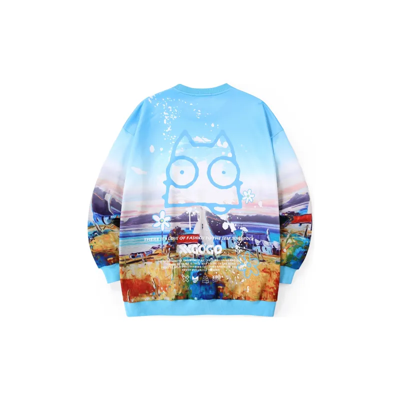 XXGOGO Crew Neck Loose Fit Regular Sweatshirt All Unisex Print Blue-1