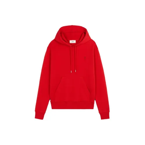 AMI Unisex FW21 Paris Logo Embroidery Drawstring Lace Long Sleeve Hoodie Red Unisex