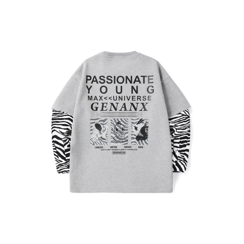 GENANX Crew Neck Loose Fit Mock Two Piece Sweatshirt Unisex Gray-1