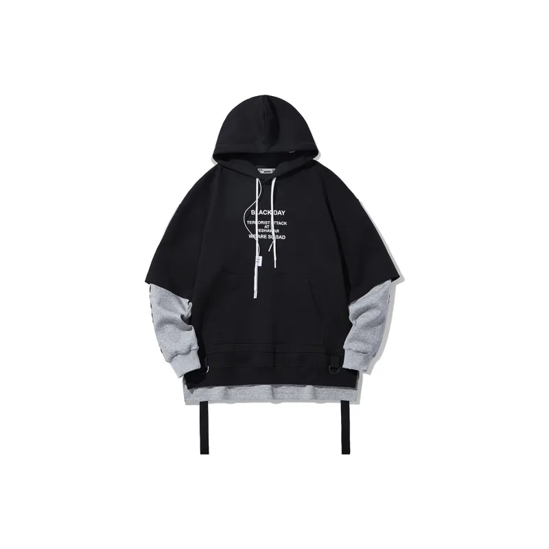 GUKUUL Letter Print Patchwork Loose Fit Drawstring Hoodie Unisex-1