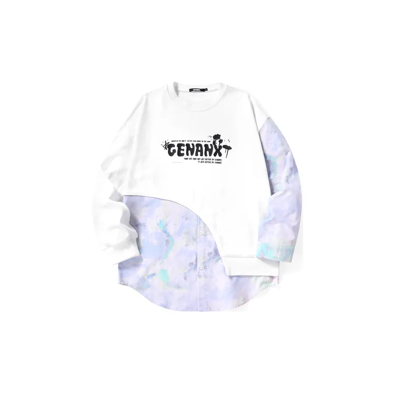 GENANX Crew Neck Loose Fit Mock Two-Piece Sweatshirt Unisex White-1