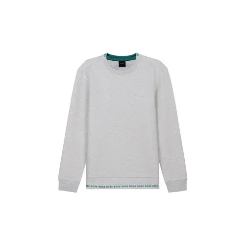 HUGO BOSS Male Hoodie SS21 Logo Embroidery Round-Neck Long Sleeves Sweatshirt Grey/White