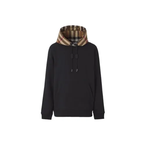 Burberry Check Hood Cotton Blend Hooded Sweatshirt Black Beige