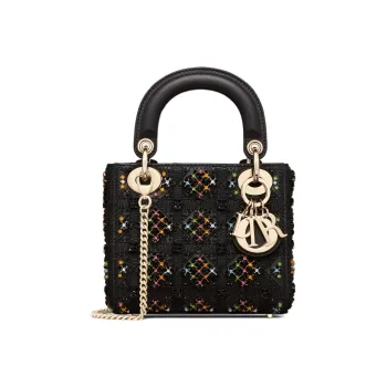 DIOR Lady Dior Embroidery Handbag Shoulder Bag Crossbody Bag Mini Women's Black