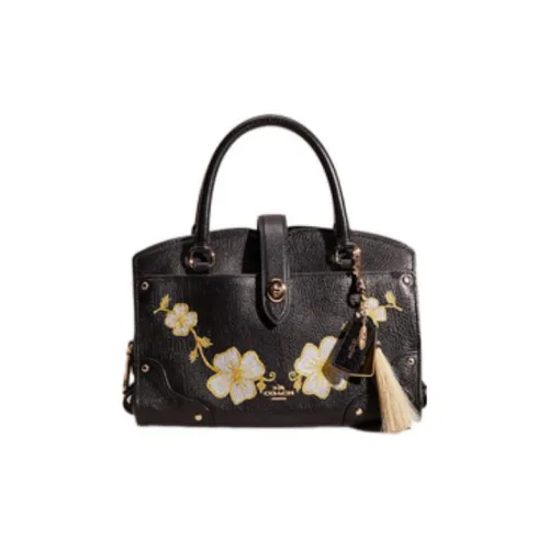 COACH Mercer Leather Floral Print Knob Multi Compartment Handbag, Shoulder Bag, Crossbody Bag Medium Size Women's Black
