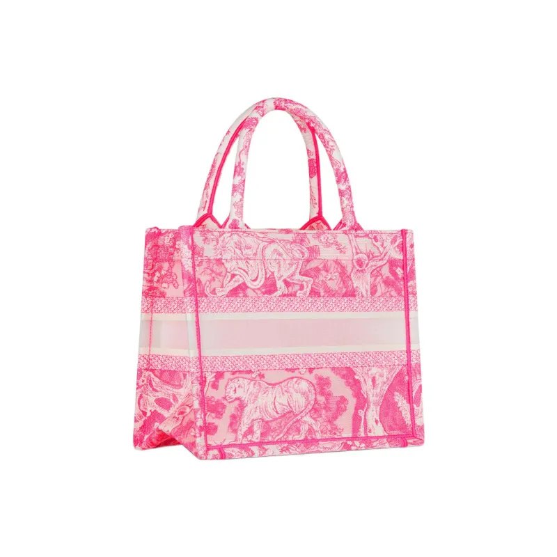 DIOR BookTote Canvas Tote Bag Shopping Bag One Shoulder Handbag Crossbody Bag Small Size Women's Neon Pink-2