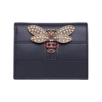 GUCCI Queen Margaret Leather Card Holder Wallet Regular Women's Dark Blue Black