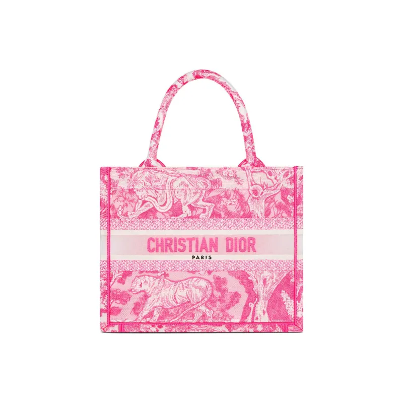 DIOR BookTote Canvas Tote Bag Shopping Bag One Shoulder Handbag Crossbody Bag Small Size Women's Neon Pink-0