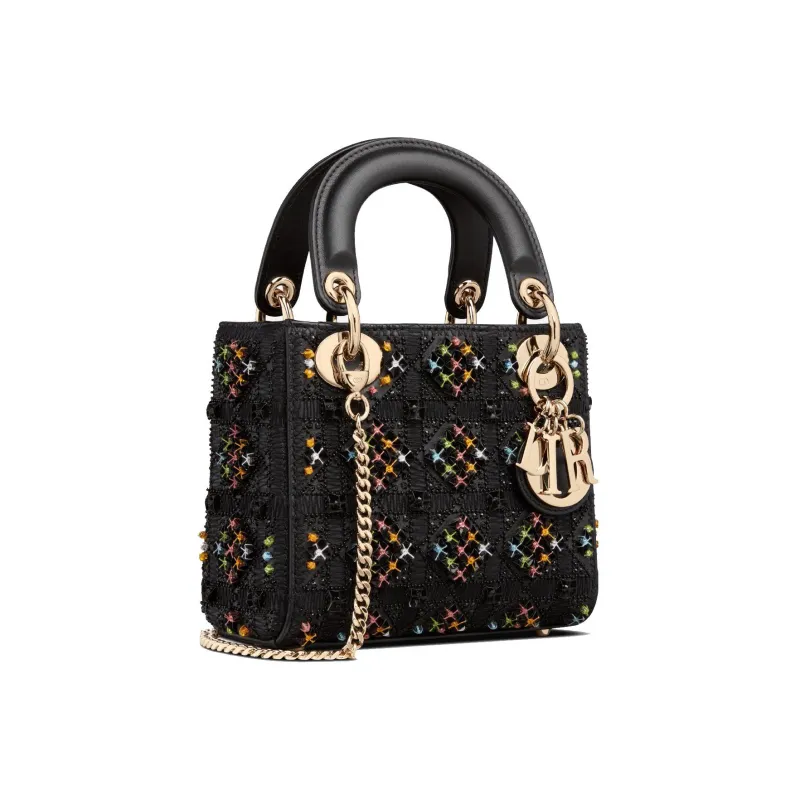 DIOR Lady Dior Embroidery Handbag Shoulder Bag Crossbody Bag Mini Women's Black-1