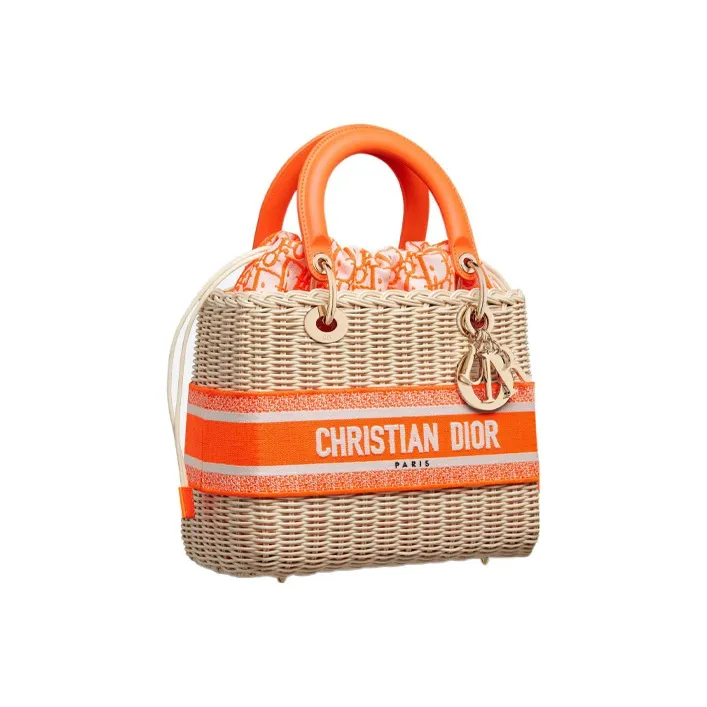 DIOR Lady Dior Wicker Shoulder Bag Crossbody Bag Handbag Medium Size Women's Fluorescent Orange-1