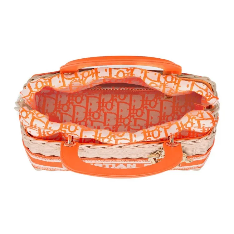 DIOR Lady Dior Wicker Shoulder Bag Crossbody Bag Handbag Medium Size Women's Fluorescent Orange-5
