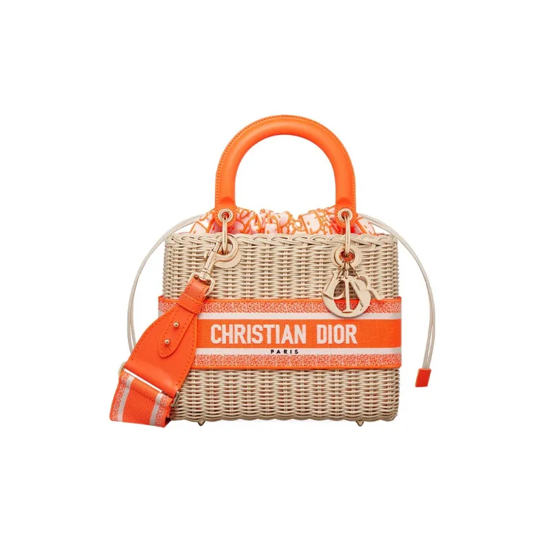 DIOR Lady Dior Wicker Shoulder Bag Crossbody Bag Handbag Medium Size Women's Fluorescent Orange-0