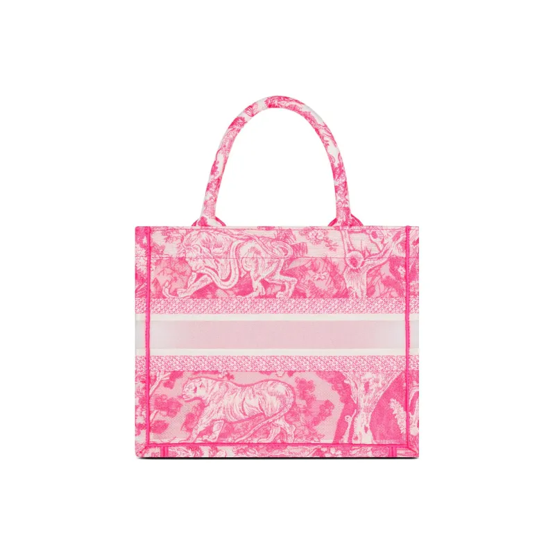 DIOR BookTote Canvas Tote Bag Shopping Bag One Shoulder Handbag Crossbody Bag Small Size Women's Neon Pink-3