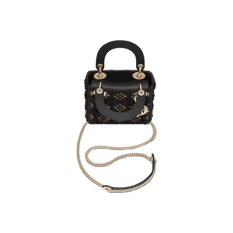 DIOR Lady Dior Embroidery Handbag Shoulder Bag Crossbody Bag Mini Women's Black-2