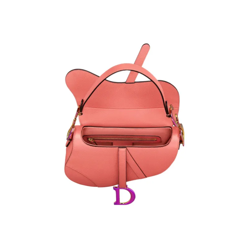 DIOR Saddle Cow Leather Shoulder Bag Women's Candy Color Ash Coral Pink-3
