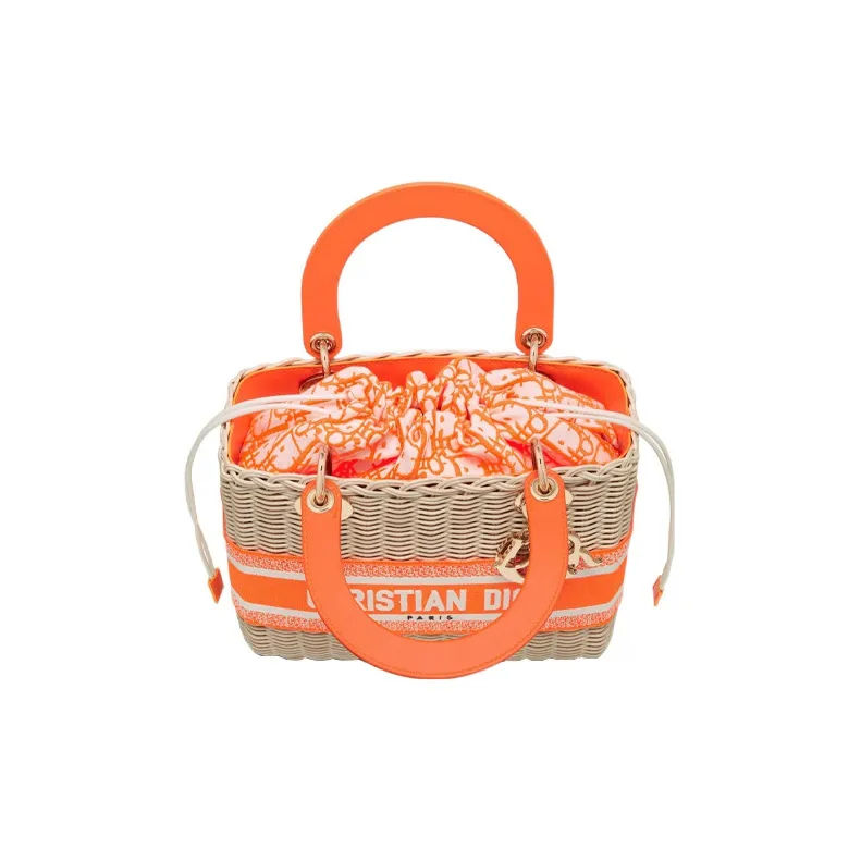 DIOR Lady Dior Wicker Shoulder Bag Crossbody Bag Handbag Medium Size Women's Fluorescent Orange-4