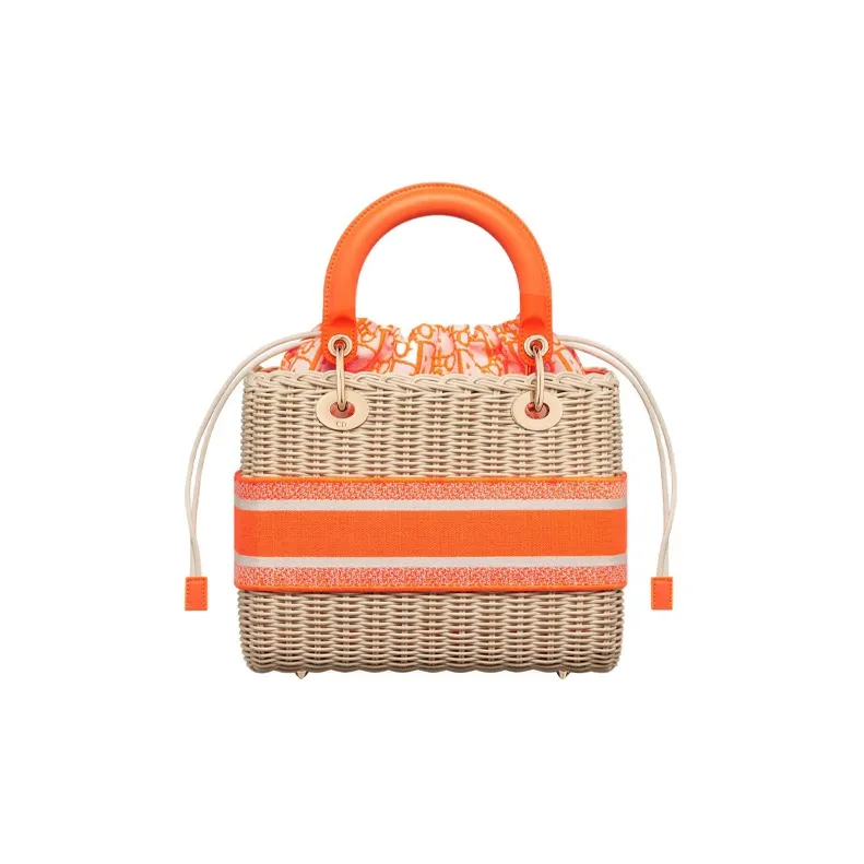 DIOR Lady Dior Wicker Shoulder Bag Crossbody Bag Handbag Medium Size Women's Fluorescent Orange-2