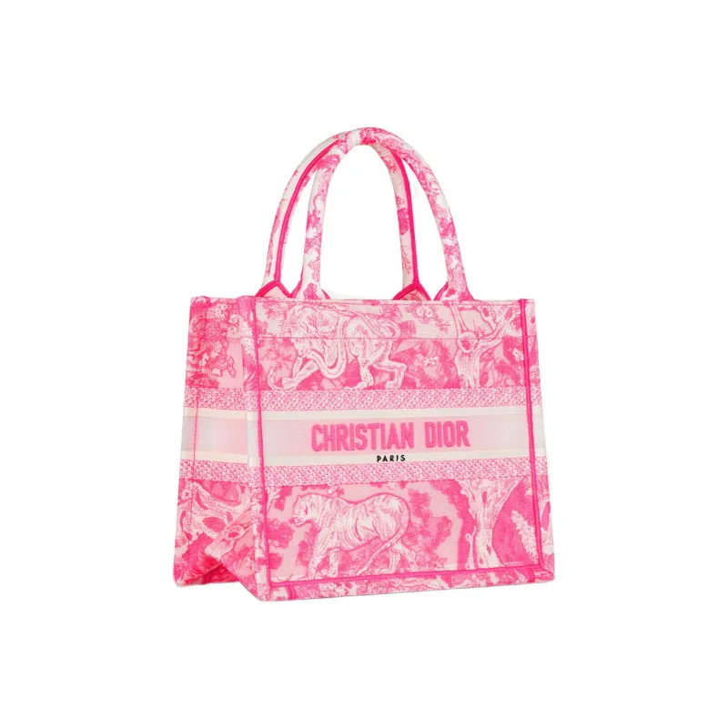 DIOR BookTote Canvas Tote Bag Shopping Bag One Shoulder Handbag Crossbody Bag Small Size Women's Neon Pink-1