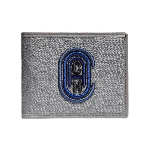 COACH Billfold Wallet Printed Canvas With Smooth Polished Grained Leather Wallet Men's Gray Blue