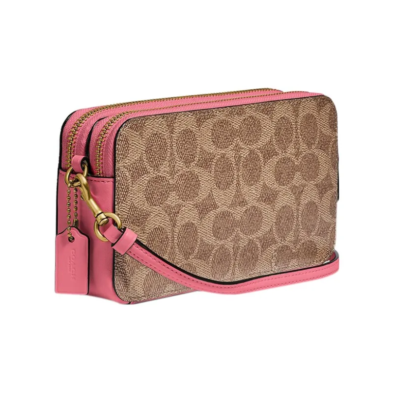 COACH Kira Canvas With Calfskin Camera Bag Handbag Shoulder Bag Crossbody Bag Small Size Women's Brown & Pink-1