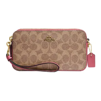 COACH Kira Canvas With Calfskin Camera Bag Handbag Shoulder Bag Crossbody Bag Small Size Women's Brown & Pink