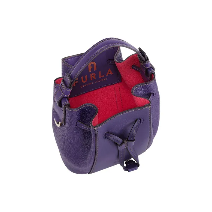 Furla Miastella Cow Leather Bucket Bag, One Shoulder Handbag, Crossbody Bag Mini Women's Purple-3