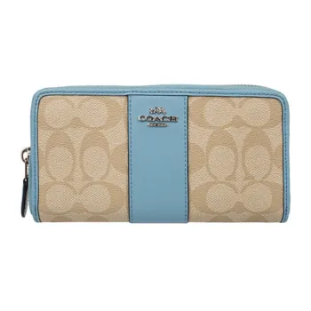 COACH Accordion Zip Wallet Canvas With Leather Multicolor Handheld Zippers Long Wallet Women's Khaki Blue