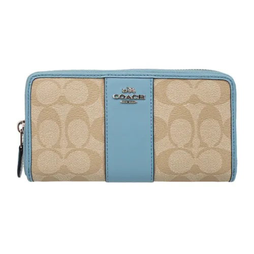 COACH Accordion Zip Wallet Canvas With Leather Multicolor Handheld Zippers Long Wallet Women's Khaki Blue