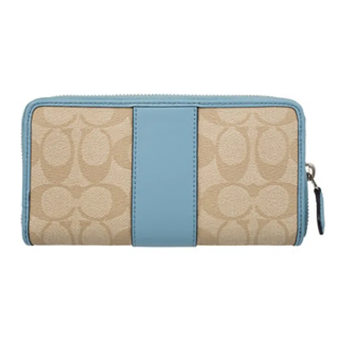 COACH Accordion Zip Wallet Canvas With Leather Multicolor Handheld Zippers Long Wallet Women's Khaki Blue-1