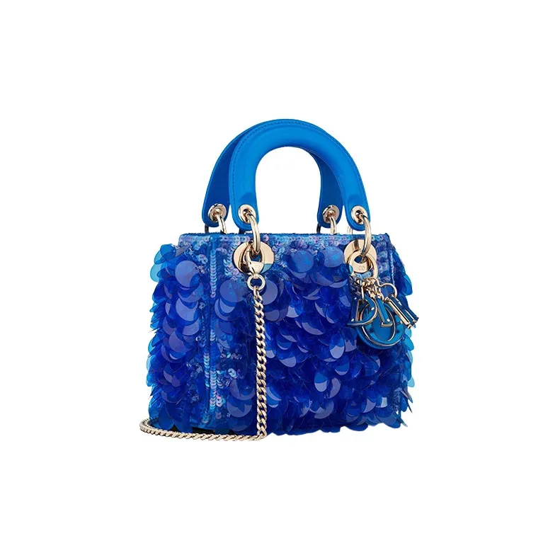 DIOR Lady Dior Satin Sequins Embroidery Shoulder Bag, Crossbody Bag, Handbag Mini Women's Fluorescent Blue-1