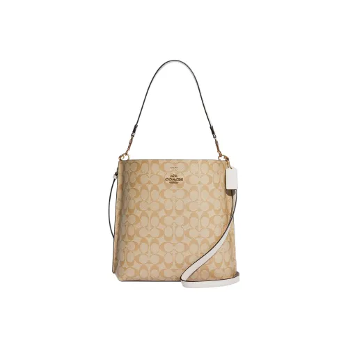 COACH Mollie Canvas With Leather Bucket Bag Portable Crossbody Bag Shoulder Bag Large Size Women's Light Brown