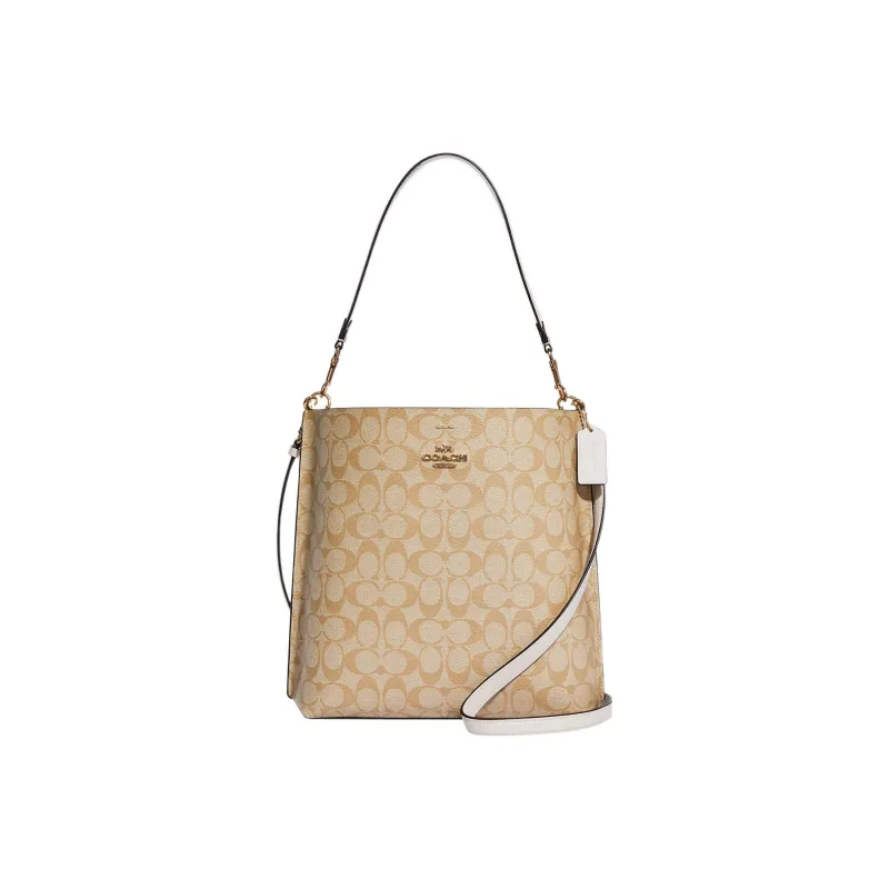 COACH Mollie Canvas With Leather Bucket Bag Portable Crossbody Bag Shoulder Bag Large Size Women's Light Brown-0
