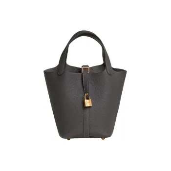 HERMES Little Bull Leather Basket Bag, Bucket Bag, Handbag 18 Women's 88 Graphite Gray