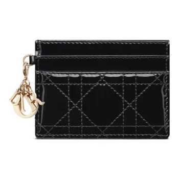 DIOR Lady Dior Patent Leather Cowhide Card Clip Money Clip Card Holder Women's Black