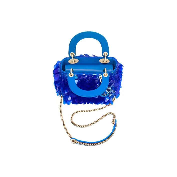 DIOR Lady Dior Satin Sequins Embroidery Shoulder Bag, Crossbody Bag, Handbag Mini Women's Fluorescent Blue-3