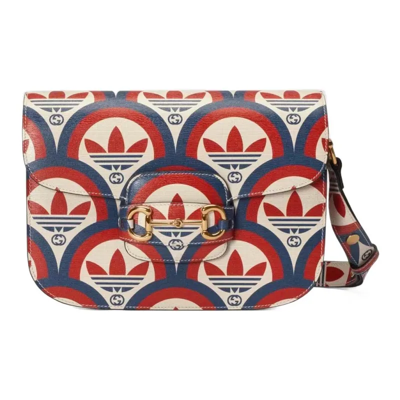 GUCCI Adidas Horsebit 1955 Leather Shoulder Bag, Crossbody Bag Small Size Men's Red/Dark Blue-0