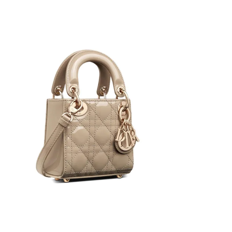 DIOR Lady Dior Patent Leather Cowhide Dior Bag Handbag One Shoulder Crossbody Clutch Extra Mini Women's Natural-1
