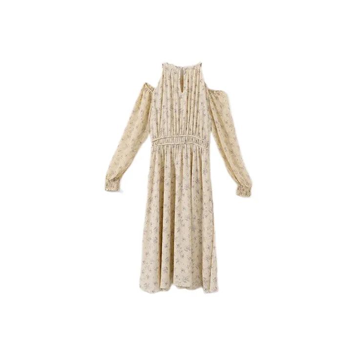 YUMOMO STAR Long Sleeved Dresses Women's Beige With Purple Floral-1