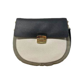 Furla Club 2 Leather Saddle Bag, Crossbody Bag, Shoulder Bag Small Size Women's Black & Beige