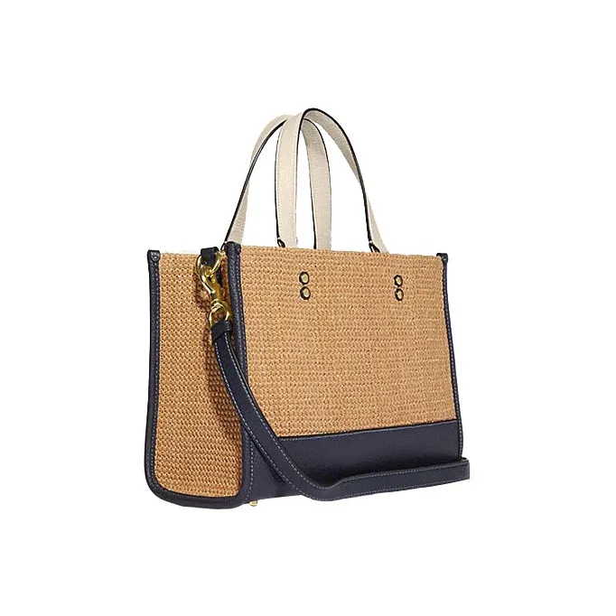 COACH Dempsey Straw And Refined Pebbled Leather Tote Bag Shopping Bag Handbag Large Size Color & Blue & Red-1