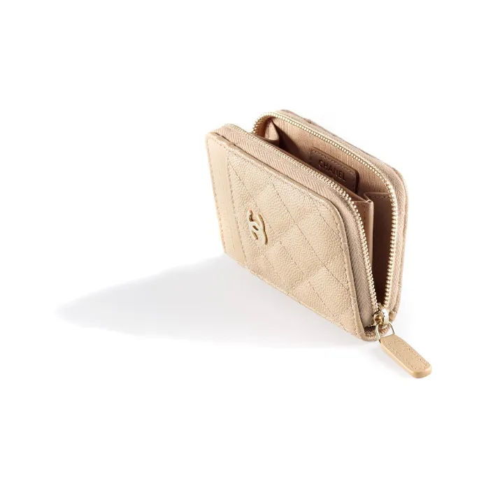 CHANEL Caviar Cow Leather Coin Purse Women's Beige-1