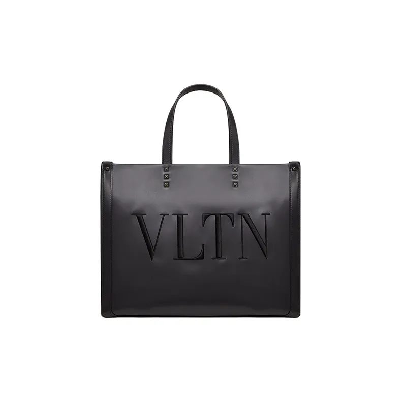 Valentino VLTN Cow Leather Patchwork With Embroidery Tote Bag Shopping Bag Handbag Men's Black-0