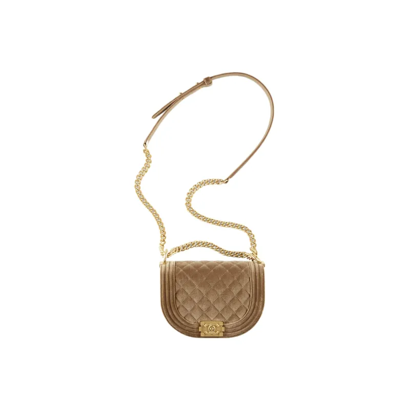 CHANEL Velvet And Gold Toned Metal Messenger Bag, Crossbody Bag Trumpets Women's Beige-1