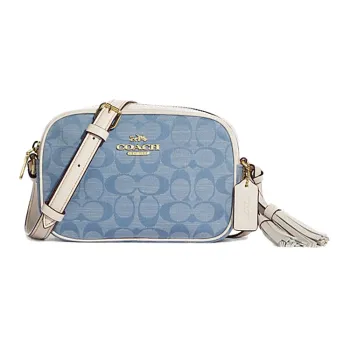 COACH Camera Chambray Plain Weave And Smooth Cow Leather Camera Bags Crossbody Bags Mini Women's Blue & White