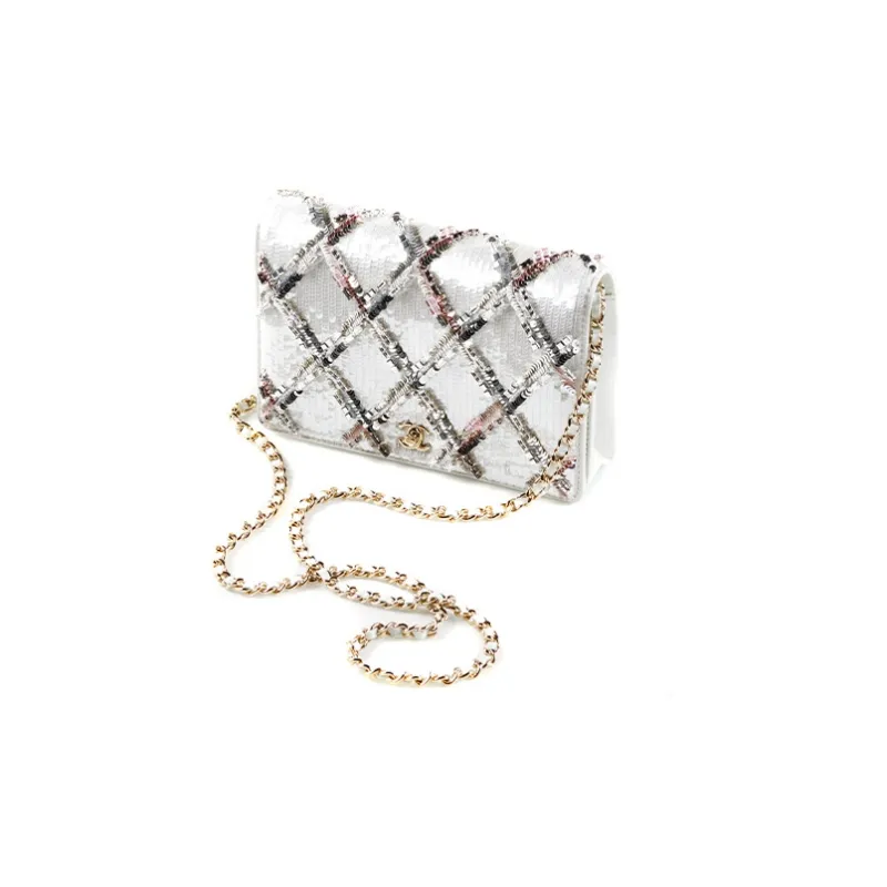 CHANEL Embroidered Silk Satin Sequins And Gold Metal Crossbody Bag Women's White-1