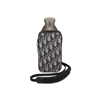 DIOR Aqua Black Grained Cow Leather With Oblique Printed Fabric Cell Phone Pouch Unisex Beige/Black